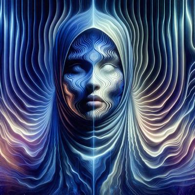 The primary subject of the image is a woman wearing a blue headscarf. She is the main focus of the image, and her face is prominently displayed. The setting is a futuristic, digital art-style environment, with a blue and purple color scheme. The visual style is a combination of digital art and illustration, creating a unique and intriguing atmosphere. The overall mood of the image is one of mystery and intrigue, as the woman's face is obscured by the blue headscarf